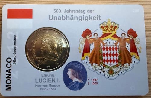 500th anniversary of the establishment of Monaco’s sovereignty by Lucien I Grimaldi UNC • Card