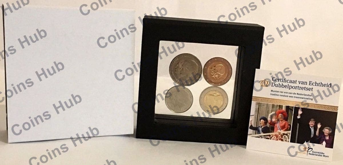 “Double Portrait” commemorative coin set – 1 guilder and 2 ½ guilders of 1980 /Queen Beatrix and Juliana/, 2 euros of 2013 and 2014 /King Willem-Alexander and Queen Beatrix
